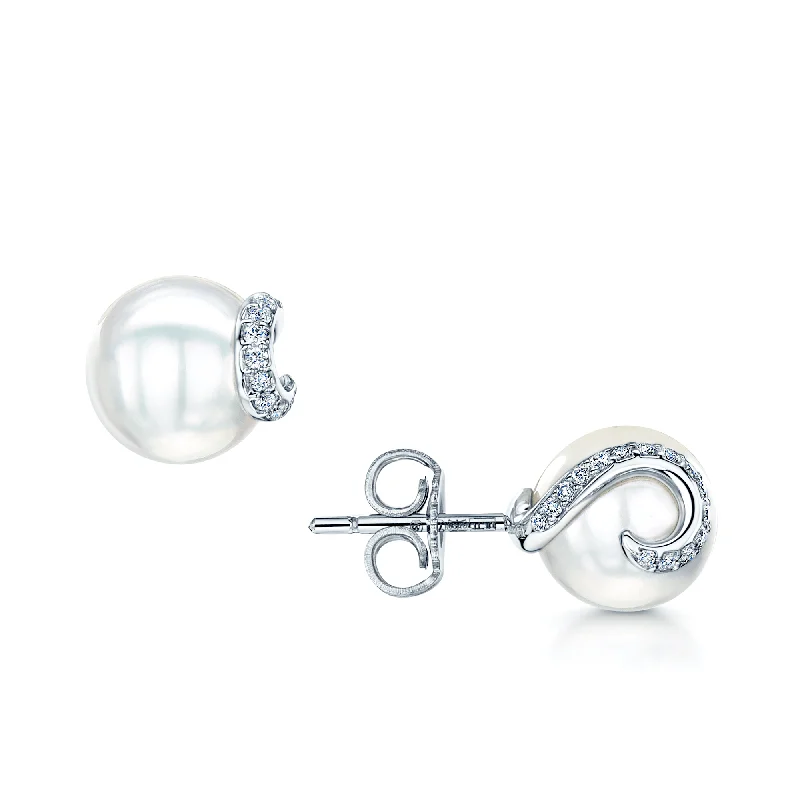 Handmade Feather Earrings-18ct White Gold Akoya Pearl & Diamond Swirl Embrace Stud Earrings