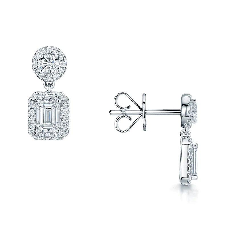 Designer Earrings For Special Events-18ct White Gold GIA Certificated Emerald Cut And Round Brilliant Cut Diamond Halo Drop Earrings