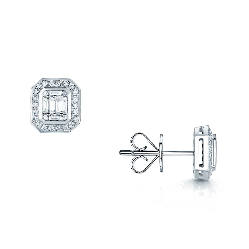 Modern Geometric Earrings-18ct White Gold Baguette and Round Brilliant Cut Diamond Stud Earrings