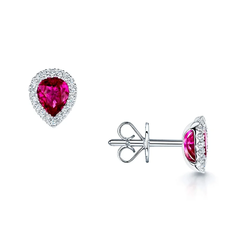 Glamorous Earrings For Evening Events-18ct White Gold Pear Cut Ruby & Diamond Halo Cluster Stud Earrings