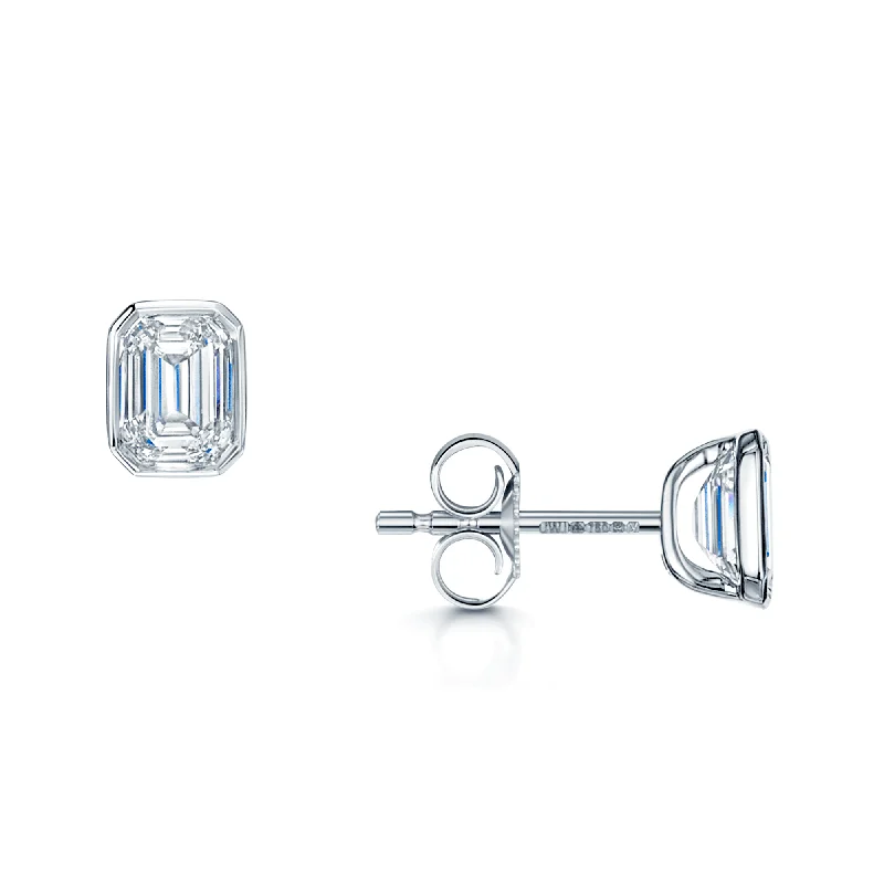 Beautiful Gold Earrings For Women-18ct White Gold Emerald Cut Diamond 1.00ct Rub Over Stud Earrings