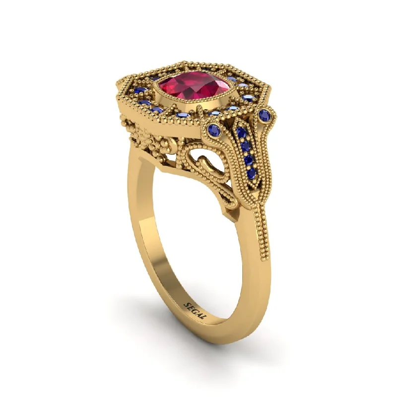 Luxury Wedding Rings For Bridesmaids-Ruby Cushion Cut Art Deco Engagement Ring - Kristin No. 70