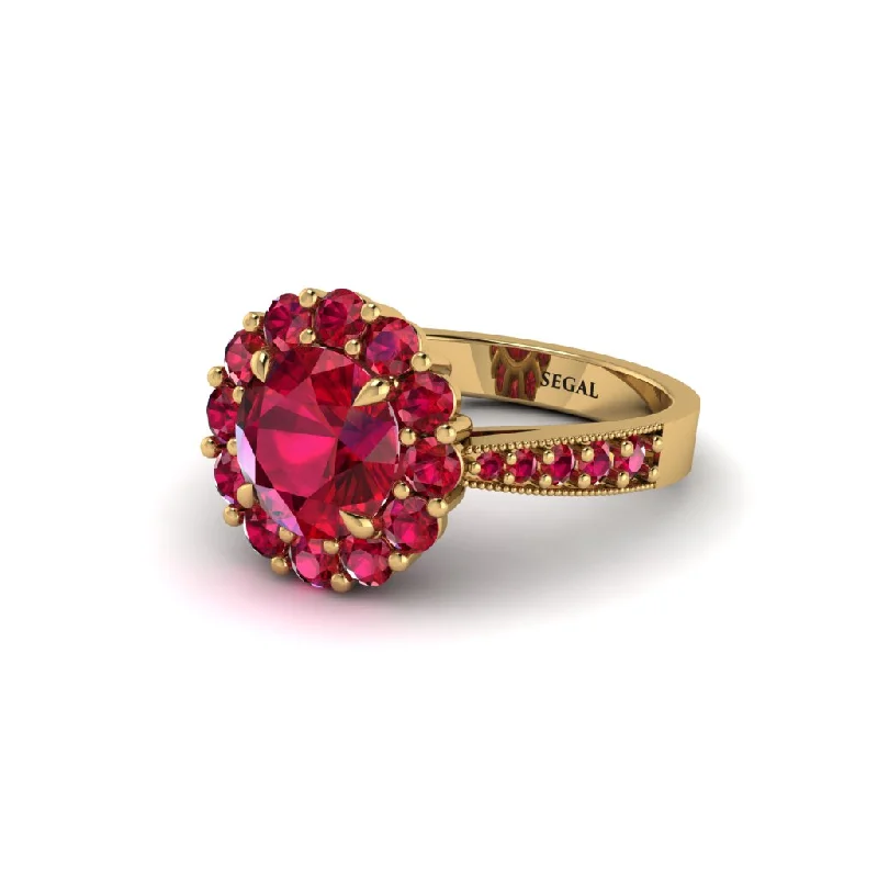 Unique Gold Rings For Wedding Day-Ruby Round Halo Engagement Ring - Unity No. 55