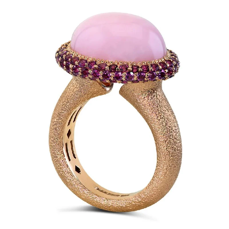 Trendy Titanium Rings For Fashionable Look-Gold Cocktail Ring with Pink Opal & Garnets