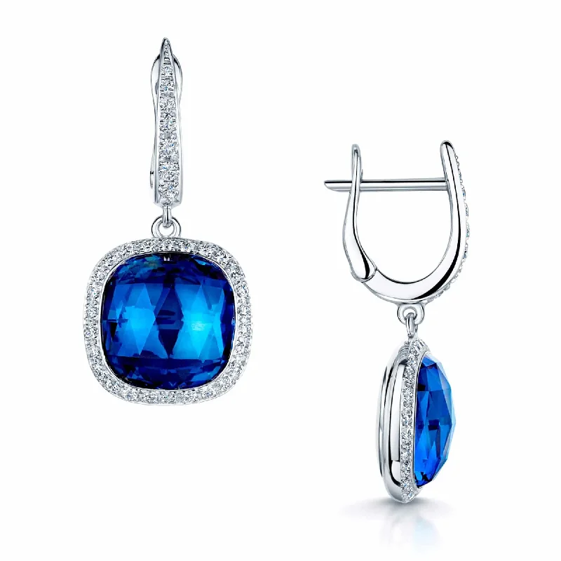 Silver Earrings With Enamel Designs-18ct White Gold London Blue Topaz Cushion Cut Drop Earrings With Diamond Halo & Diamond Drop Detail