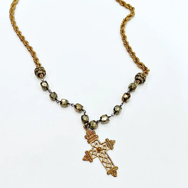 Trendy Silver Necklace For Day Wear-Necklace - Coptic Cross on Pyrite with a Vintage Rope Chain