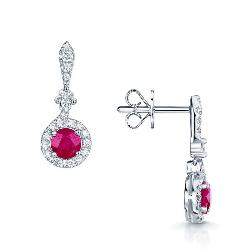 Bold Drop Earrings For Special Occasions-18ct White Gold Round Brilliant Cut Ruby And Diamond Halo Drop Earrings