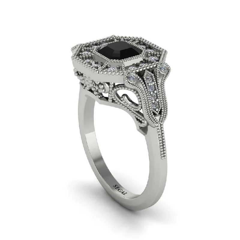 Custom Couple Rings For Wedding Day-Black Diamond Emerald Cut Art Deco Engagement Ring - Dawn No. 9