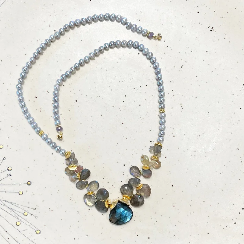 Elegant Beaded Necklace For Evening Parties-Gray Fresh Water Pearl, Labradorite  & Sapphire Broiolettes  Necklace