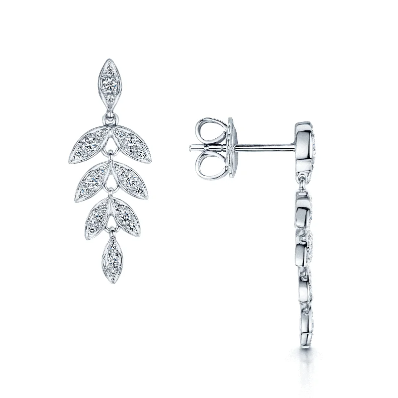 Party Earrings With Gemstones-18ct White Gold Round Brilliant Diamond Leaf Drop Earrings