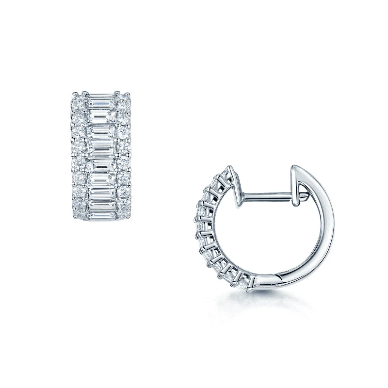 Cute Earrings For Kids-18ct White Gold Round Brilliant Cut and Baguette Half Hoop Earrings