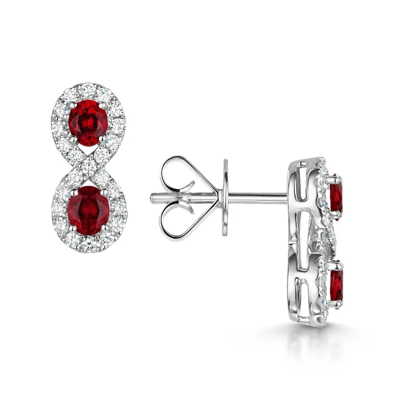 Artistic Earrings With Bold Colors-18ct White Gold Double Pear Ruby And Diamond Halo Cluster Figure Eight Earrings