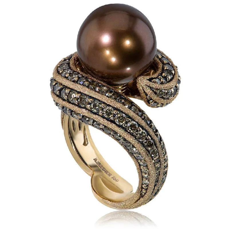 Sparkling Diamond Rings For Bridal Jewelry-Gold Twist Ring With Chocolate Pearl & Diamonds