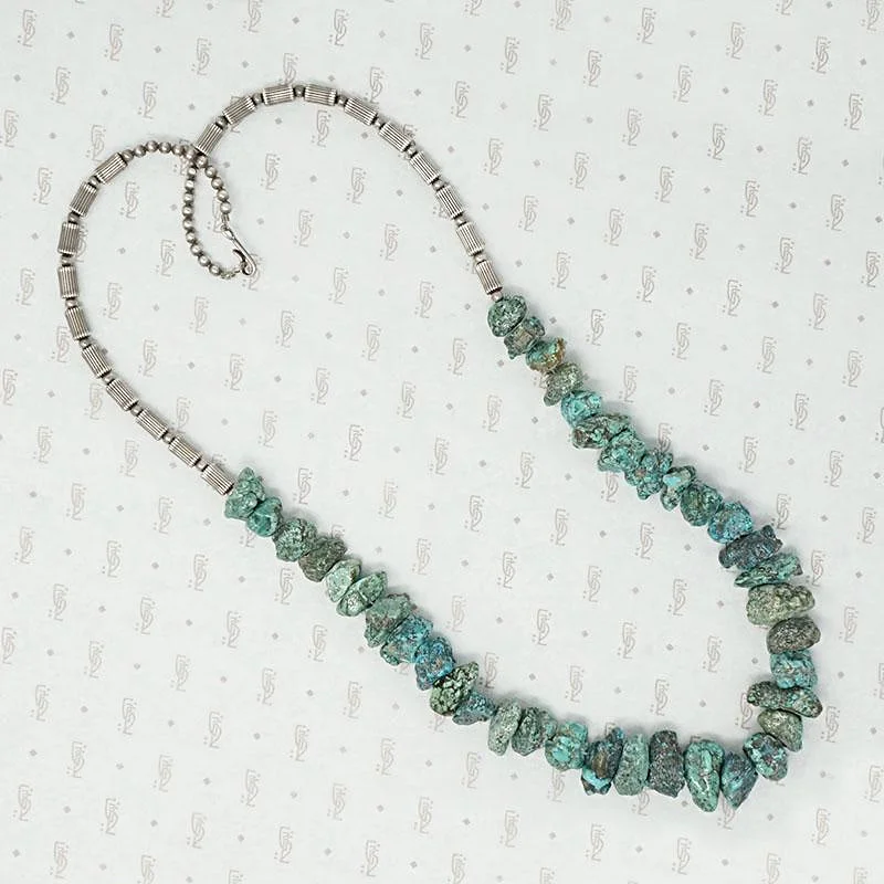 Trendy Long Necklace For Fashion Week-Rough Hewn Turquoise & Silver Bead Necklace