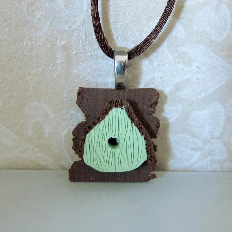 Modern Geometric Necklace For Fashionistas-Bird House Necklace Polymer Clay Green Birdhouse Charm Pendant