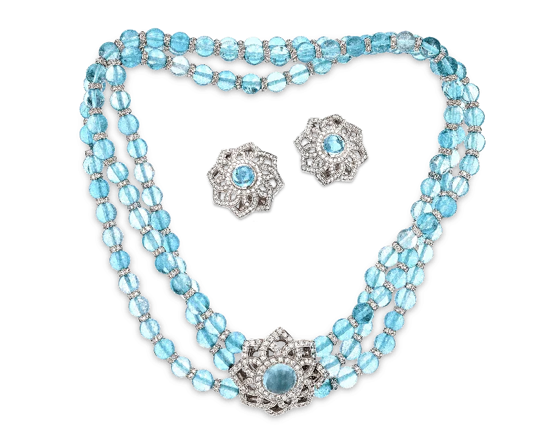 Unique Gold Necklace For Bridesmaids Gifts-Aquamarine and Diamond Necklace and Earring Suite