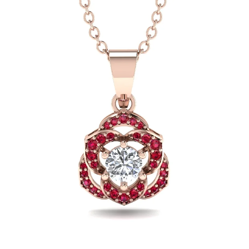 Elegant Heart Necklace For Romantic Look-Golden Rose Blossom Necklace With Exquisite Ruby Detailing - Reign No. 47