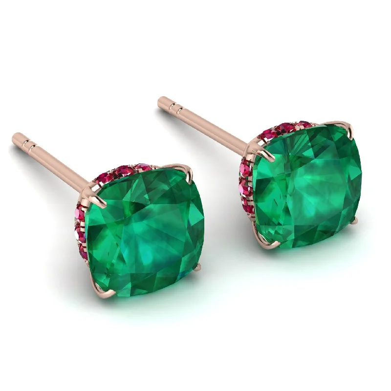 Fashionable Earrings For Summer Weddings-Hidden Halo Cushion Emerald Earrings - Alivia No. 50