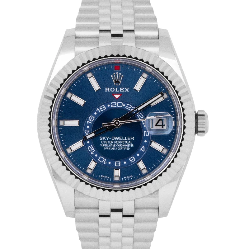 Sports Watches For Water Sports-MINT 2023 Rolex Sky-Dweller BLUE Steel 18K White Gold 42mm JUBILEE Watch 326934