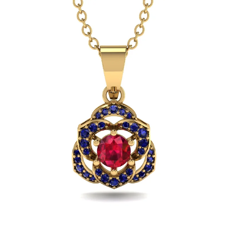 Luxury Diamond Necklace For Anniversary-Golden Rose Blossom Necklace With Exquisite Sapphire Detailing - Reign No. 70