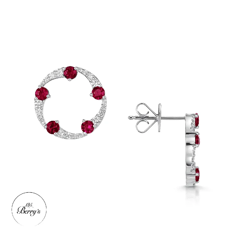 Contemporary Earrings For Fashion Lovers-OPEIA Collection 18ct White Gold Ruby And Diamond Fancy Circle Stud Earrings