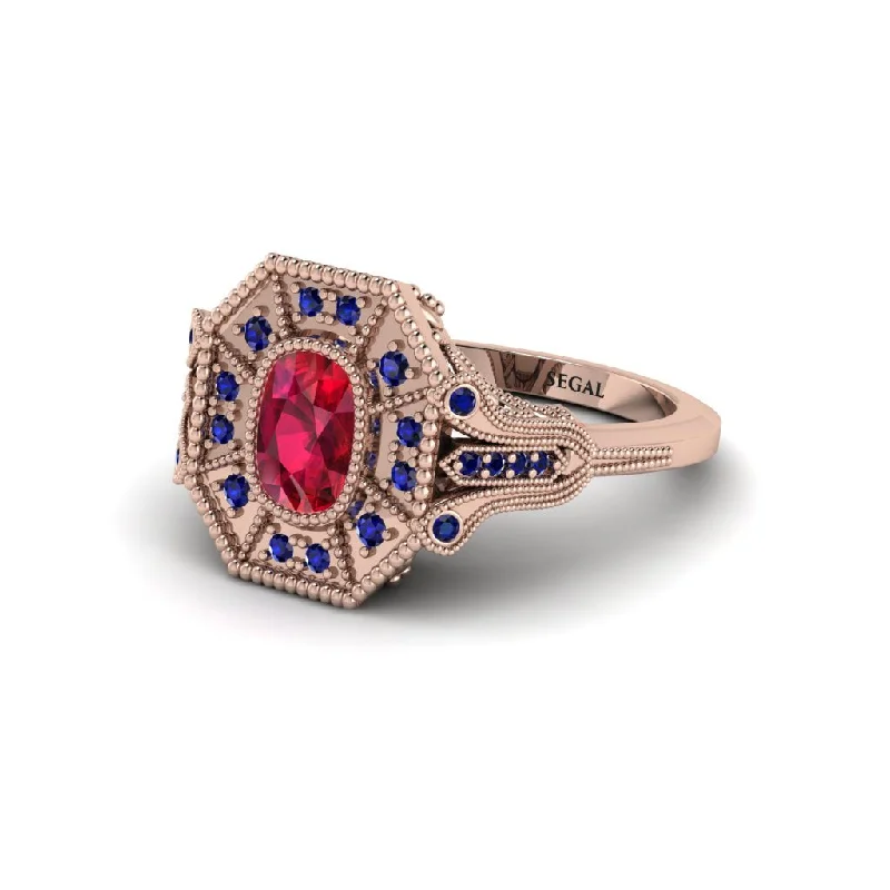 Personalized Gold Rings For Couples-Ruby Cushion Cut Art Deco Engagement Ring - Alicia No. 71