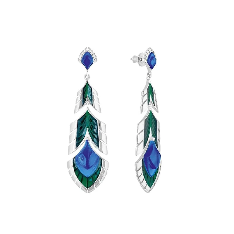 Silver Drop Earrings With Gemstones-Paon Blue Crystal, Green Lacquer & Silver Drop Earrings