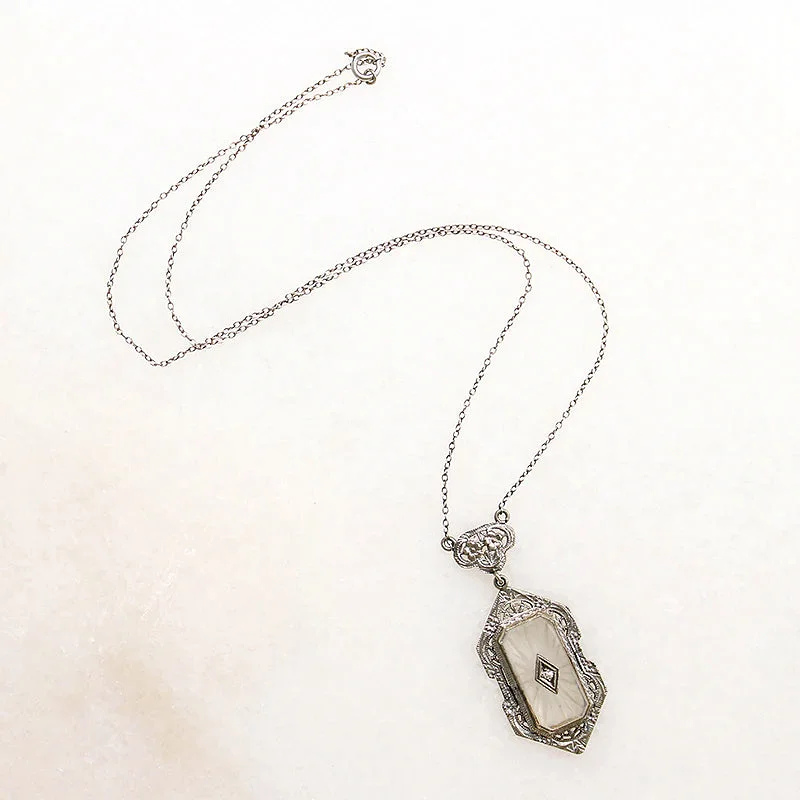 Simple Silver Necklace For Casual Outfits-Diamond-Set Camphor Glass in White Gold Filigree Necklace