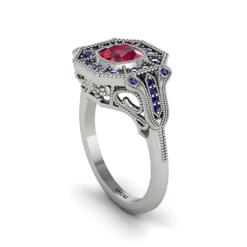 Trendy Silver Rings For Casual Wear-Ruby Cushion Cut Art Deco Engagement Ring - Kristin No. 72