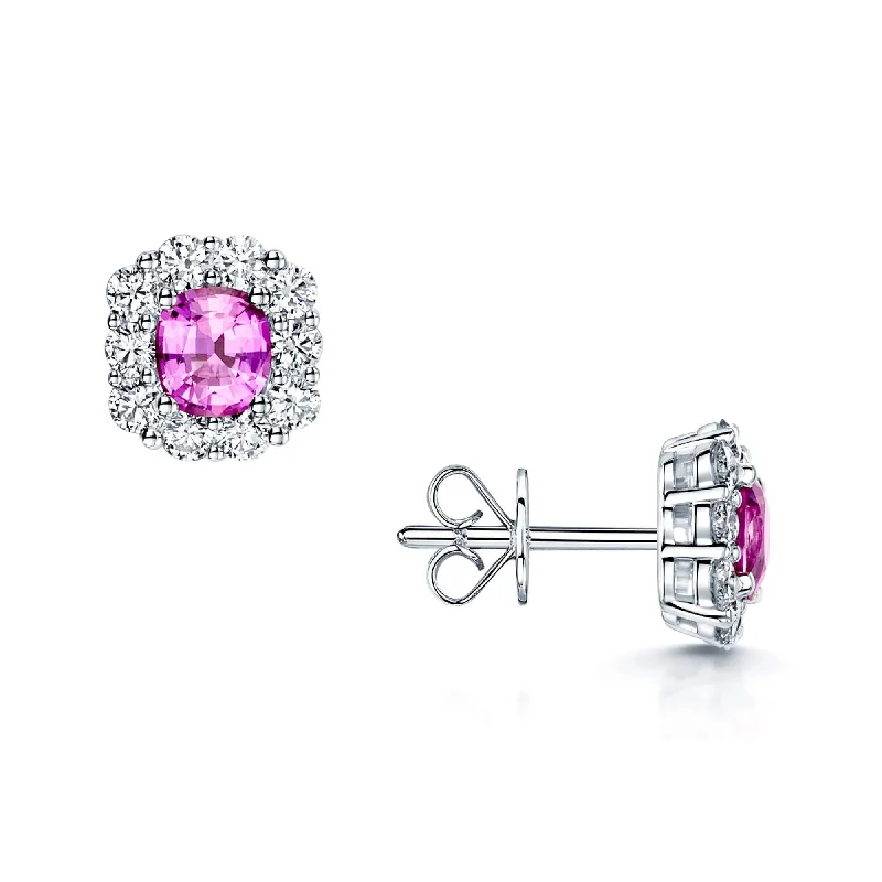 Luxury Diamond Earrings-18ct White Gold Pink Sapphire & Diamond Cushion Shape Cluster Earrings