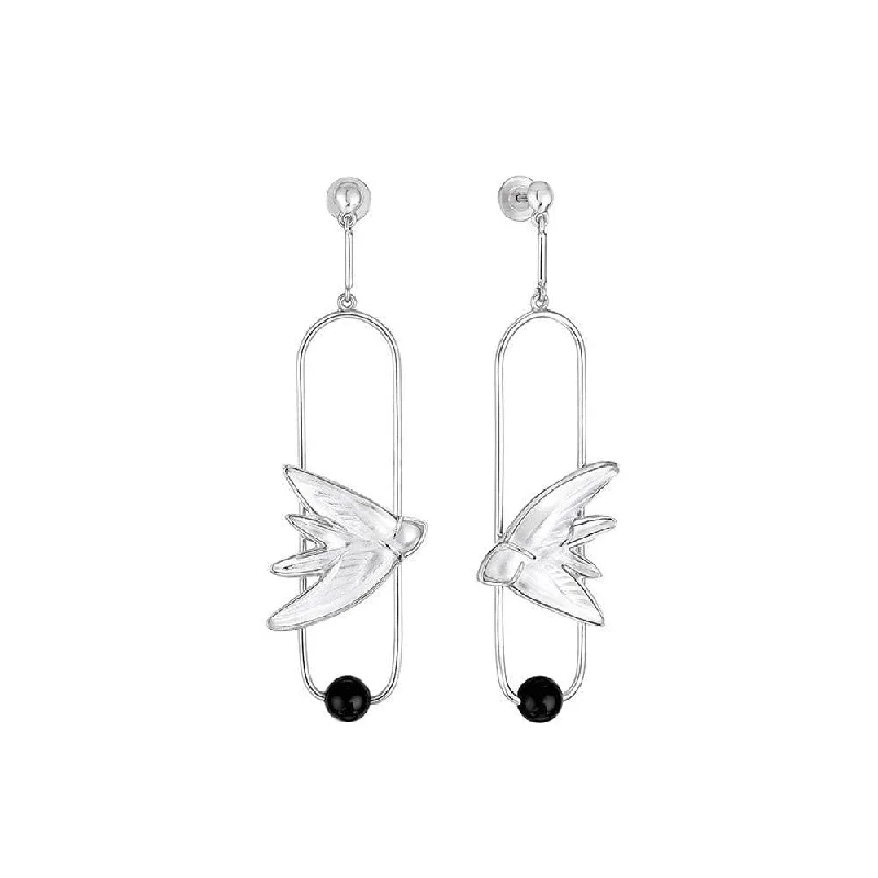 Modern Statement Earrings-Hirondelles Clear Crystal, Onyx & Silver Drop Earrings