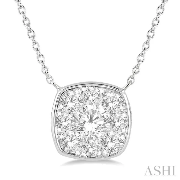 Unique Crystal Necklace For Fashion Lovers-1/2 Ctw Cushion Shape Lovebright Diamond Necklace in 14K White Gold