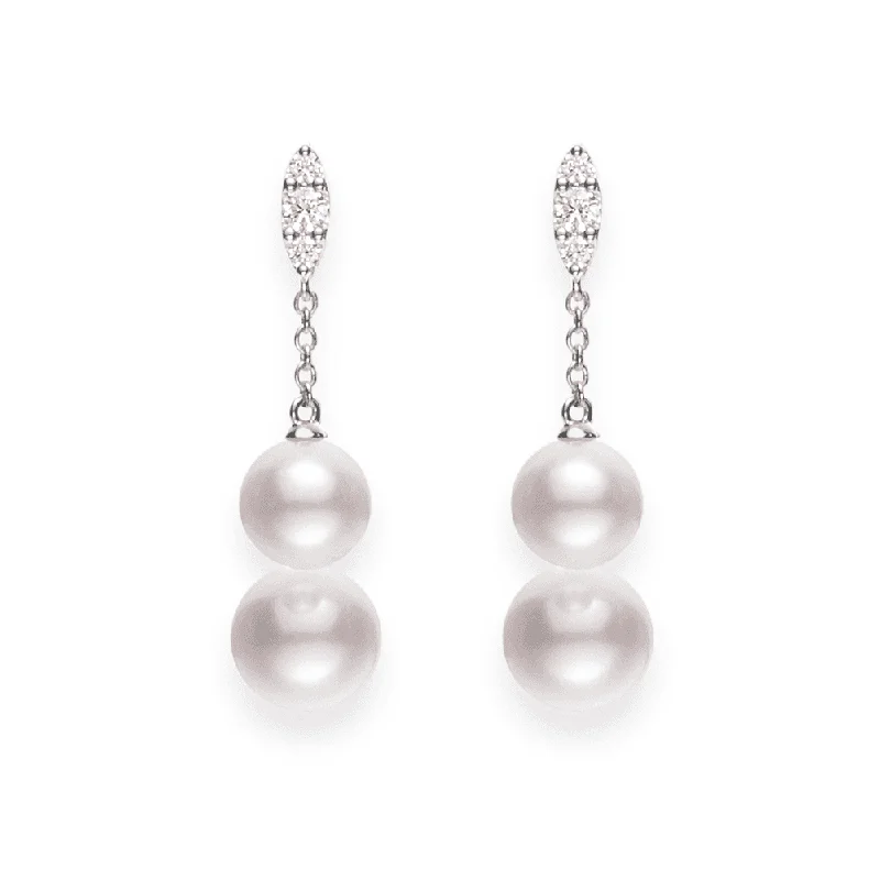 Round Drop Earrings For Women-Morning Dew 18ct White Gold Pearl & Diamond Drop Earrings