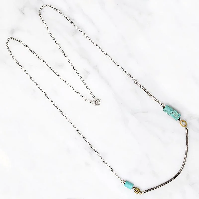 Vintage-Inspired Crystal Necklace For Events-Summery Silver, Turquoise & Brass Bead Necklace by Brin