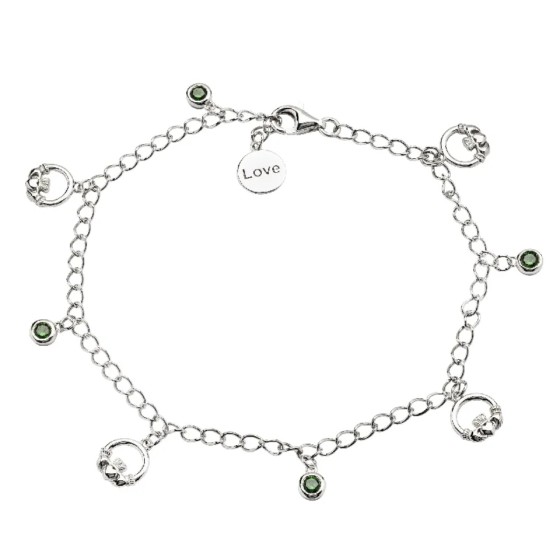 Stone Beaded Bracelets-Sterling Silver "Love" Claddagh Bracelet with Four Green CZ Stones SB2109