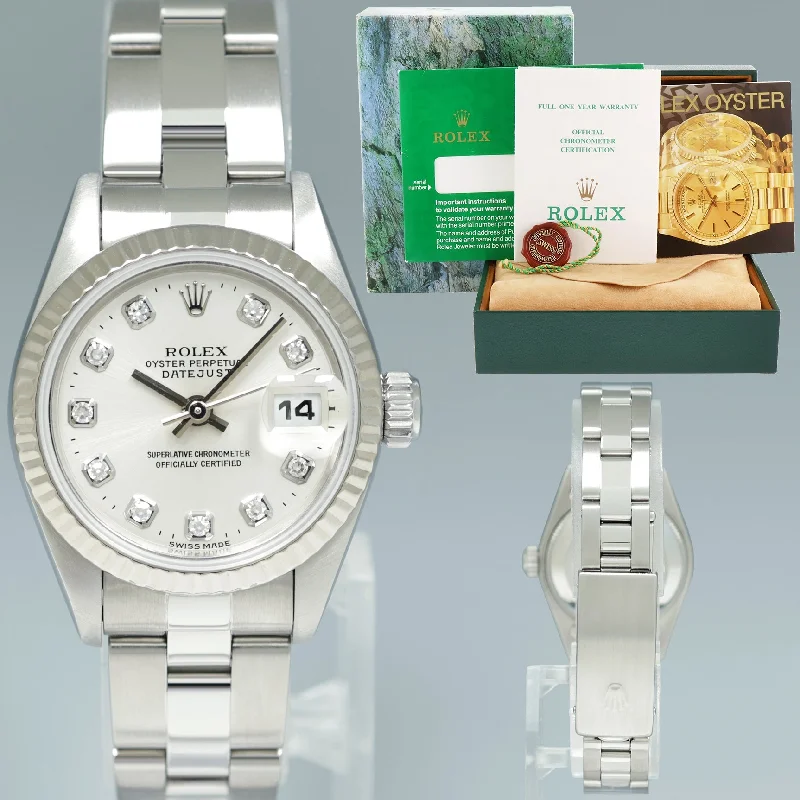 Sleek Black Watches For Men-PAPERS Ladies Rolex DateJust 26mm Silver Diamond White Gold Fluted Steel Oyster 69174 Watch