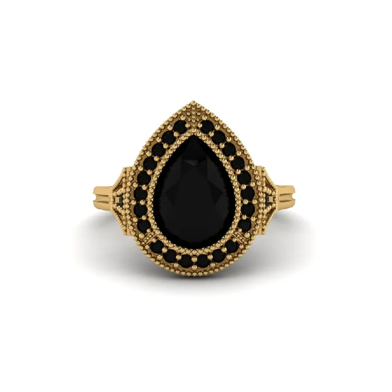 Trendy Engagement Rings With Colored Stones-Pear Cut Black Diamond Milgrain Halo Engagement Ring - Daleyza No. 37