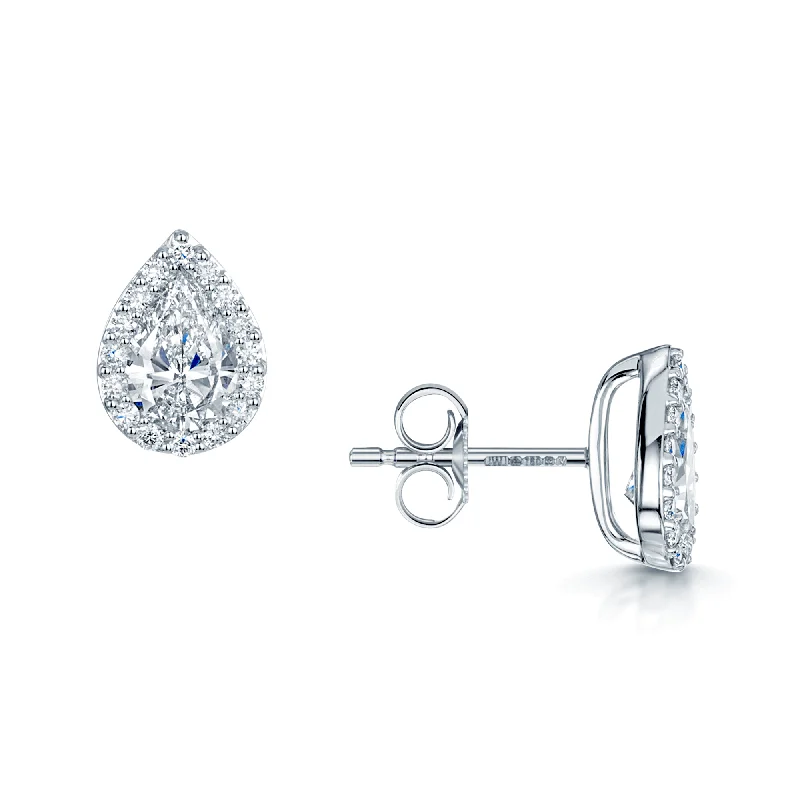 Vintage Art Deco Earrings-18ct White Gold Pear Cut Diamond 1.20ct Halo Stud Earrings