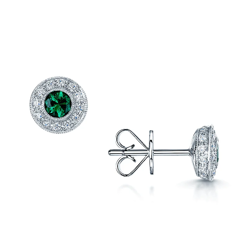 Simple Gold Stud Earrings For Office Look-18ct White Gold Emerald And Diamond Cluster Earrings