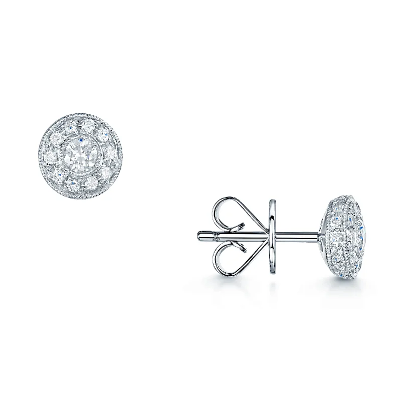 Gemstone Stud Earrings For Gifts-18ct White Gold Round Brilliant Cut Diamond MillGrain Set Cluster Earrings