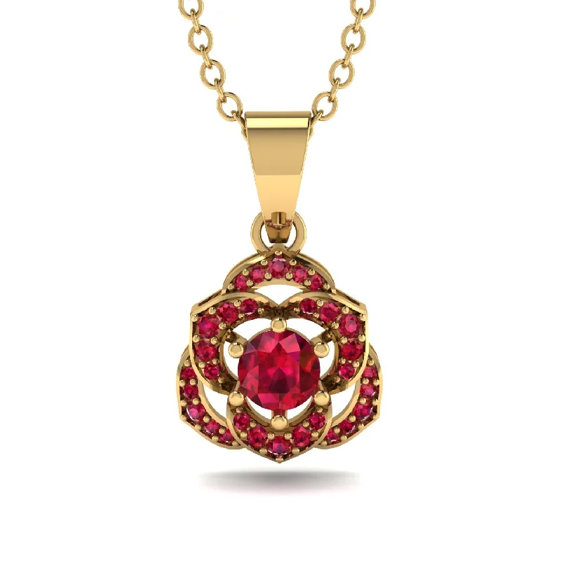 Classic Gold Chain Necklace For Bridesmaids-Golden Rose Blossom Necklace With Exquisite Ruby Detailing - Reign No. 55