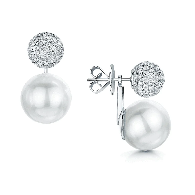 Classic Drop Earrings For Women-18ct White Gold Pave Diamond Set Sphere Earrings With Detachable South Sea Pearls