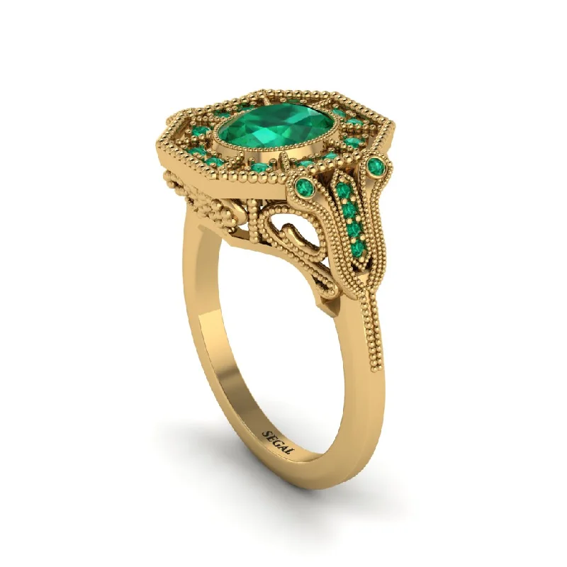 Custom Gold Wedding Bands For Couples-Emerald Oval Cut Art Deco Engagement Ring - Tabitha No. 19