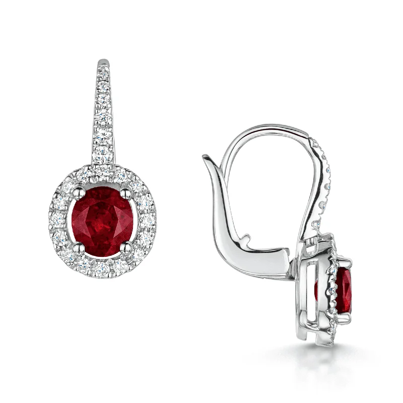 Designer Earrings For Fashion Week-18ct White Gold Oval Ruby And Diamond Halo Cluster Drop Earrings