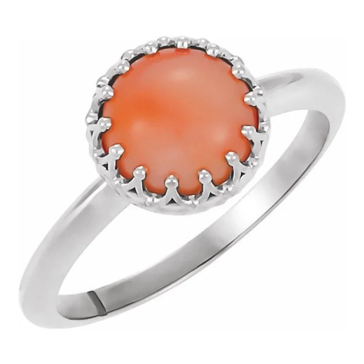 Simple Personalized Rings For Daily Style-Sterling Silver 6 mm Natural Pink Coral Crown Cabochon Ring