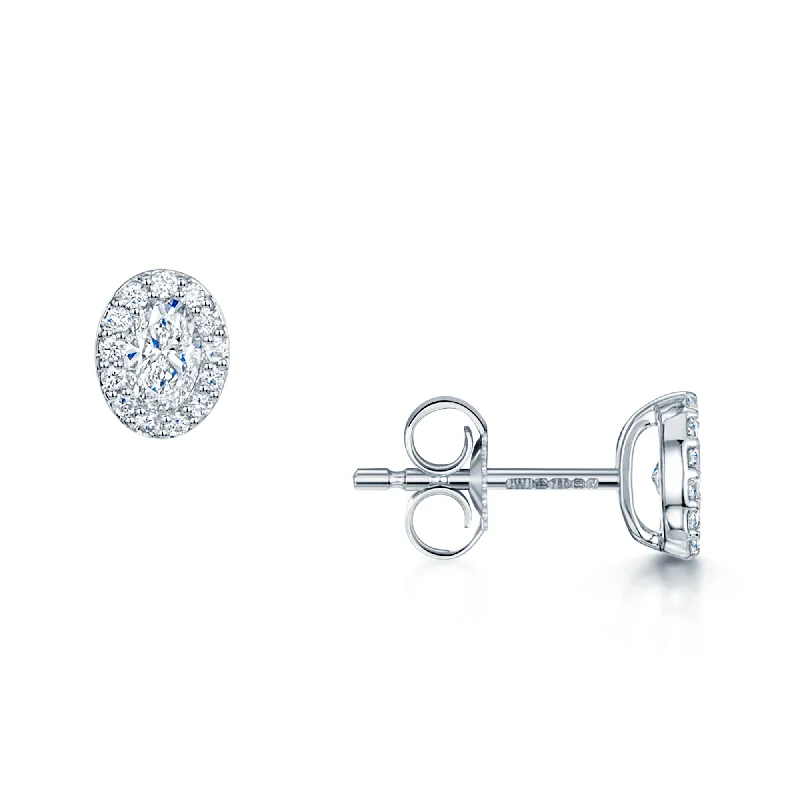 Round Crystal Earrings-18ct White Gold Oval Cut Diamond 0.40ct Halo Stud Earrings