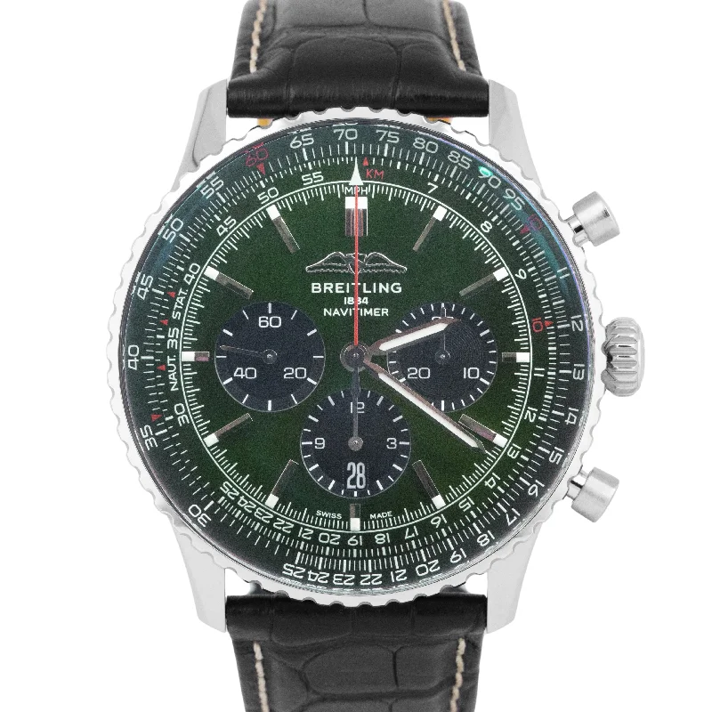 Women’s Watches With Date Functions-MINT PAPERS Breitling Navitimer 46 B01 GREEN 46mm Steel Chronograph AB0137 BOX