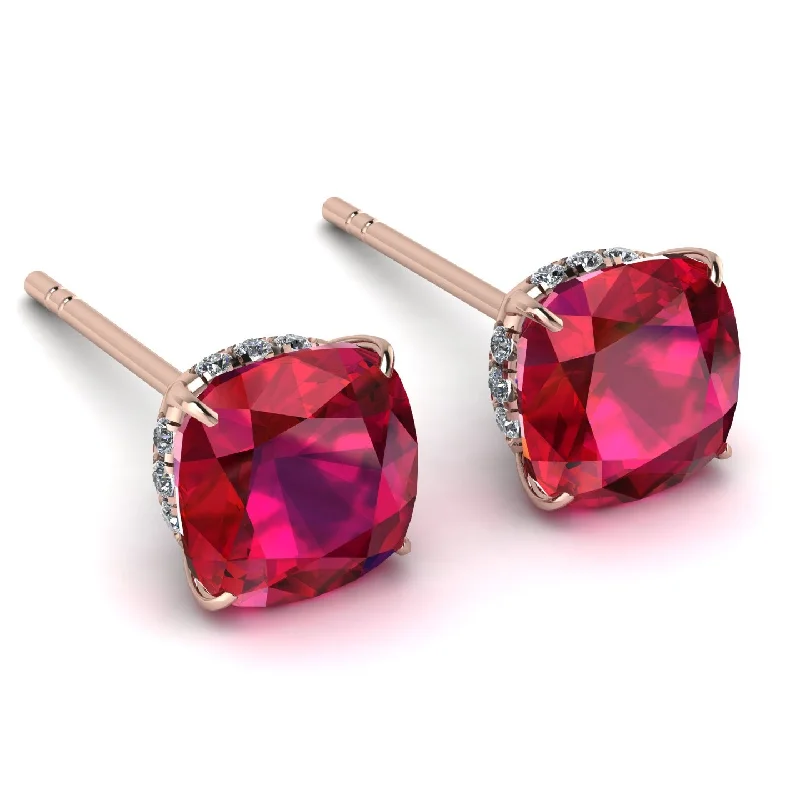 Fine Jewelry Earrings For Special Occasions-Hidden Halo Cushion Ruby Earrings - Alivia No. 11