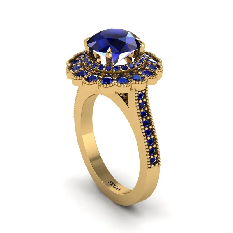 Personalized Gold Rings For Couples-Sapphire Double Halo Cathedral Engagement Ring - Deirdre No. 73