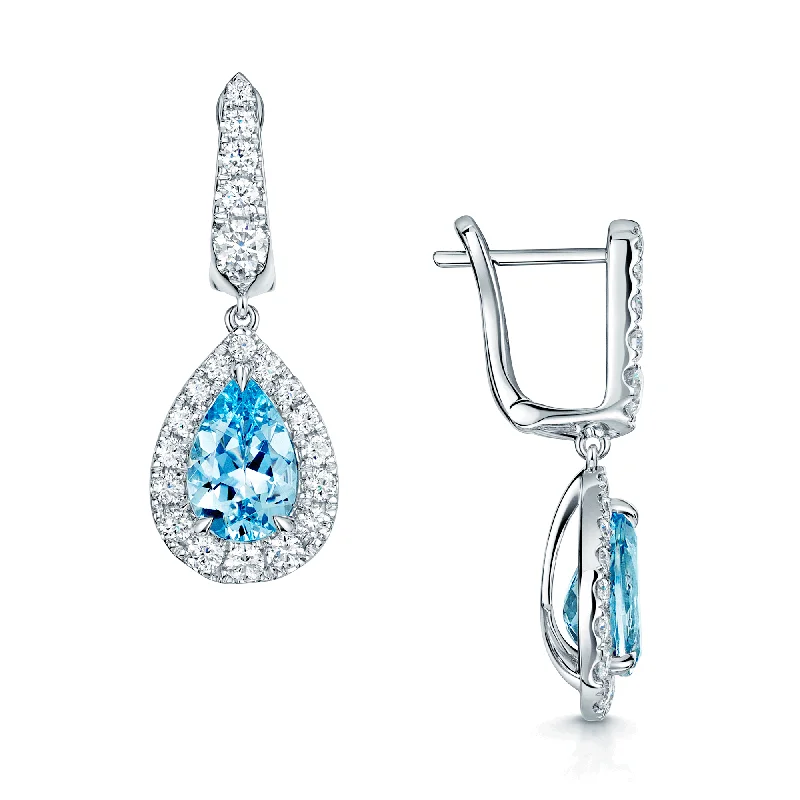 Fancy Earrings For Bridal Showers-18ct White Gold Pear Cut Aquamarine And Diamond Halo Surround Drop Earrings